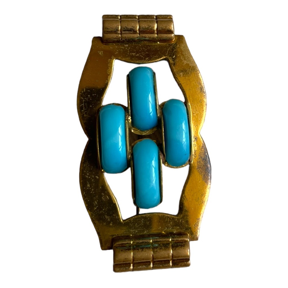 1930s Art Nouveau Gold Tone Geometric Pattern Metal with Turquoise Glass - Picture 5 of 8